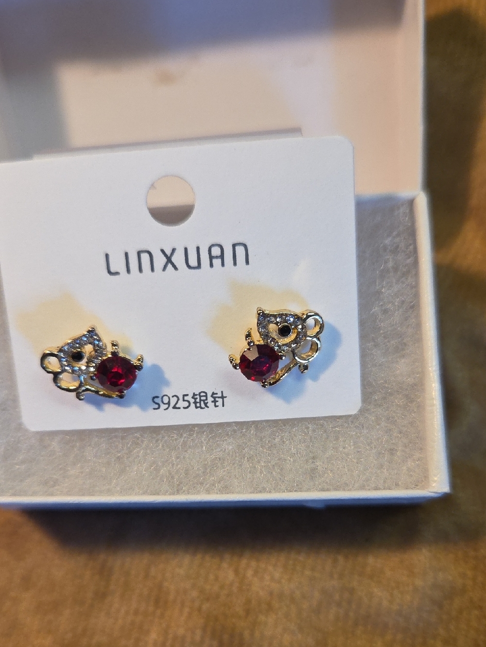 Gold Mouse 925 Silver Earrings with Red Crystal Accent